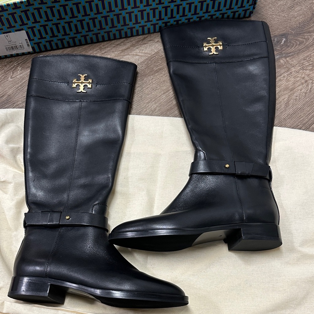 Tory Burch Black Leather Boots with Gold Emblem